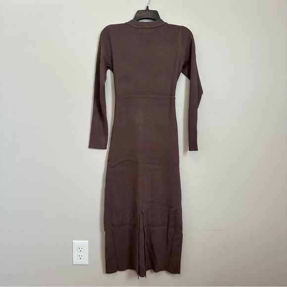 Evereve Ribbed Knit Tie Waist Midi Dress Brown Long Sleeve Size Small Minimalist - Picture 3 of 8
